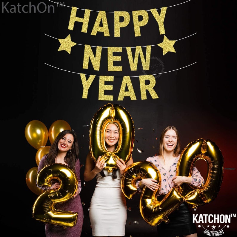 Happy New Year Glitter Banner \u2013 Real Glitter Star NYE Banner Gold Paper Glitter Hanging Banner Sign New Year Decorations No DIY Required
