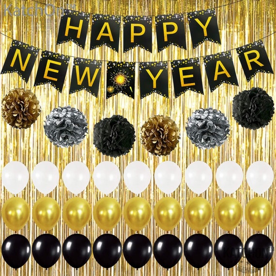 Happy New Year Banner And Gold Fringe Curtain Kit Black Gold Etsy