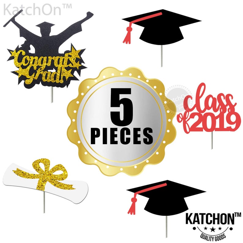 Gaduation Cake Toppers 2019 Decorations Red Class of 2019 Cake Topper Real Glitter Black and Gold Congrats Grad Pack of 5 Large