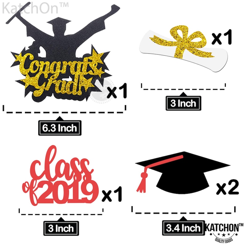 Gaduation Cake Toppers 2019 Decorations Red Class of 2019 Cake Topper Real Glitter Black and Gold Congrats Grad Pack of 5 Large
