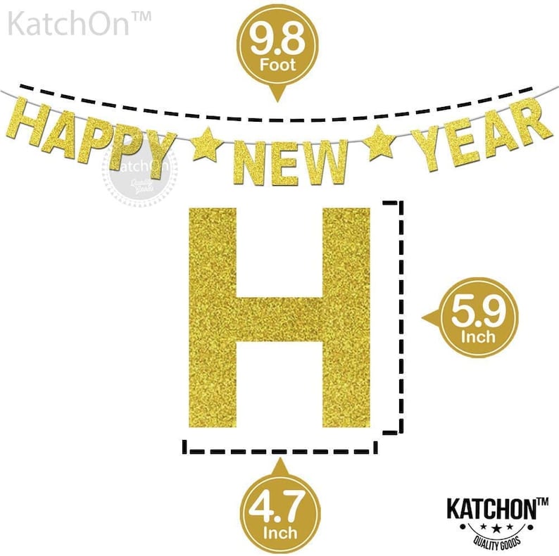 Happy New Year Glitter Banner \u2013 Real Glitter Star NYE Banner Gold Paper Glitter Hanging Banner Sign New Year Decorations No DIY Required