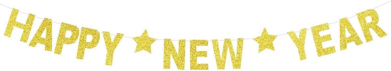 Happy New Year Glitter Banner \u2013 Real Glitter Star NYE Banner Gold Paper Glitter Hanging Banner Sign New Year Decorations No DIY Required