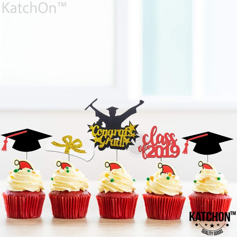 Gaduation Cake Toppers 2019 Decorations Red Class of 2019 Cake Topper Real Glitter Black and Gold Congrats Grad Pack of 5 Large