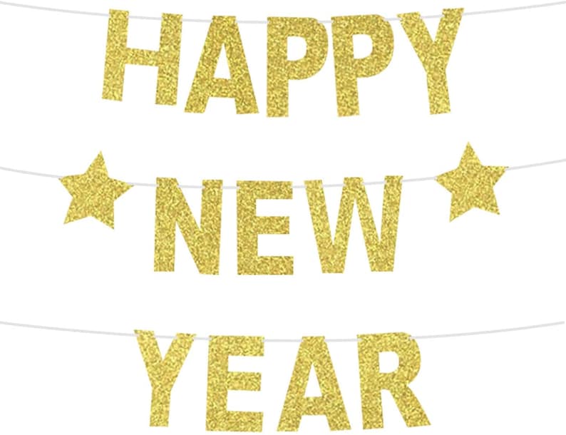 Happy New Year Glitter Banner \u2013 Real Glitter Star NYE Banner Gold Paper Glitter Hanging Banner Sign New Year Decorations No DIY Required