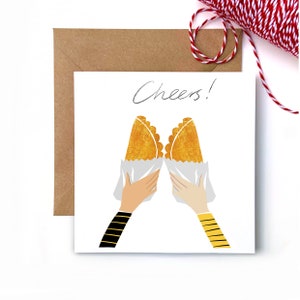 May include: A white card with the text "Cheers!" written in black ink. Two cartoon hands are holding up golden brown pastries, like a toast.
