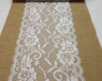 Chemin de table en dentelle blanche, chemin de table en toile de jute, chemin de table de vacances mariage, décoration de mariage nuptiale, chemins pour mariage, mariage en toile de jute DC49