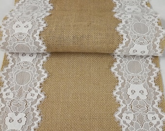 Chemin de table en dentelle blanche, chemin de table en toile de jute, chemin de table de vacances mariage, décoration de mariage nuptiale, chemins pour mariage, mariage en toile de jute DC46
