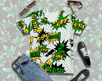 Women's RETRO CANNABIS T-SHIRT• Comic Superhero Weed Shirt for 420 Festival• Marijuana Cartoon T-Shirt for Comic Con• Stoner Clothing Gift