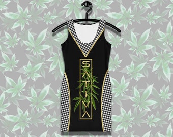 CANNABIS BODYCON DRESS• Sativa Weed Leaf Gingham Lycra Dress• Marijuana Dress• Stoner Cannabis Gift• Cannabis Clothing• Sexy Weed 420 Dress