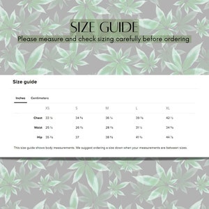 May include: Size guide chart with measurements in inches and centimeters for chest, waist, and hip. Sizes include XS, S, M, L, and XL.
