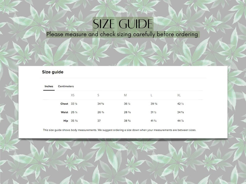 May include: Size guide chart with measurements in inches and centimeters for chest, waist, and hip. Sizes include XS, S, M, L, and XL.