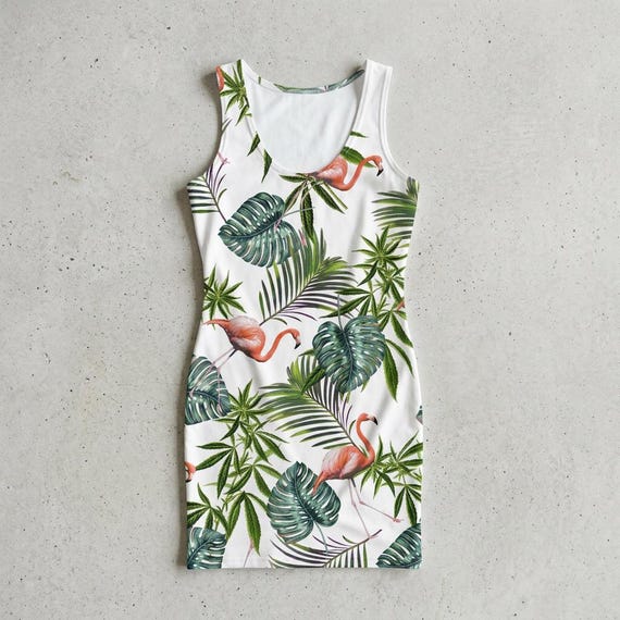 Flamingo Cannabis Bodycon Dress – Tropical Leaf Print Festival Outfit