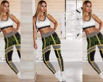 Cannabis Leaf Yoga Leggings, Sativa Indica Design