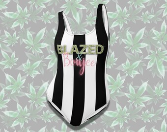 CANNABIS STRIPED SWIMSUIT• Black & White Marijuana Bodysuit• Weed Design Swimming Costume• Stoner Cannabis Gift for 420 Festival• Weed Gifts