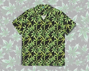 Mens CANNABIS HAWAIIAN SHIRT, Black Marijuana Leaf Shirt Sexy Mens Festival Top for 420 Cannabis Gift, Stoner Clothing Weed Gift