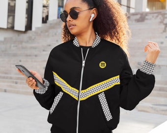 Cannabis Leaf Print Bomber Jacket, Black & Yellow 420 Festival Top