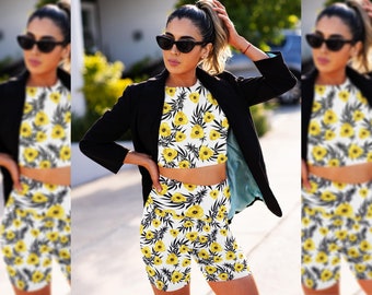 Weed Plant & Yellow Pansy Crop Top and Yoga Shorts Set