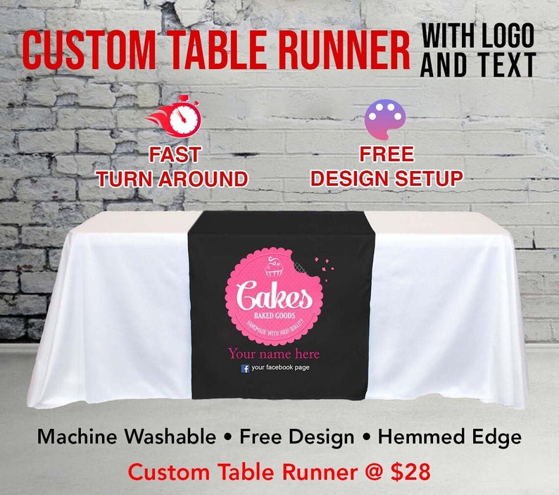 Custom Logo Table Runner, Custom table runner with your logo and message , craft fair table runner Multiple sizes and designs