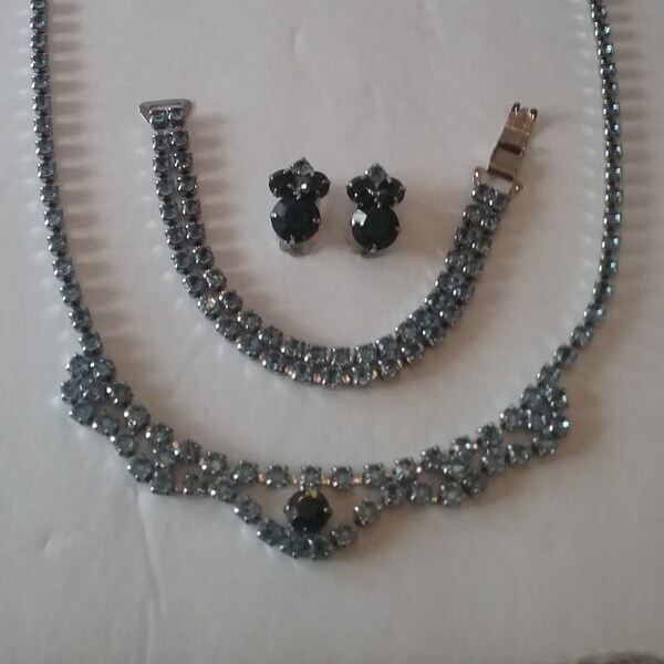 Rhinestone Blue  Necklace Bracelet Clip Earrings