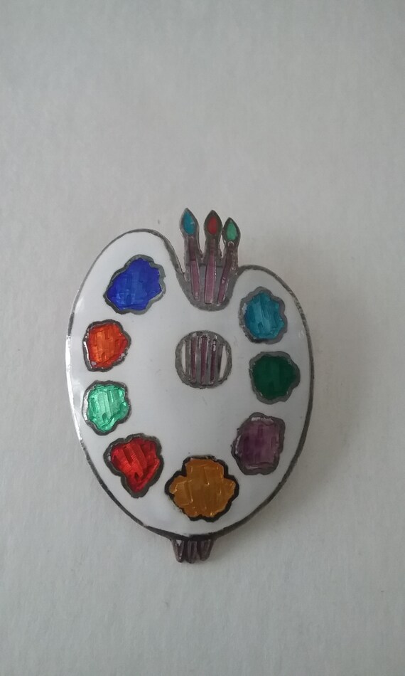 Enamelled Painters Palette Sterling Silver Pin - image 2