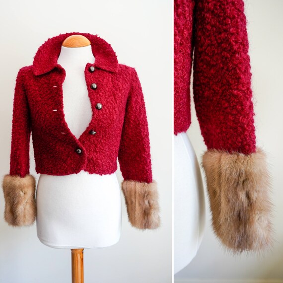 1950s Red Boucle Cropped Wool Jacket - Blonde Fur