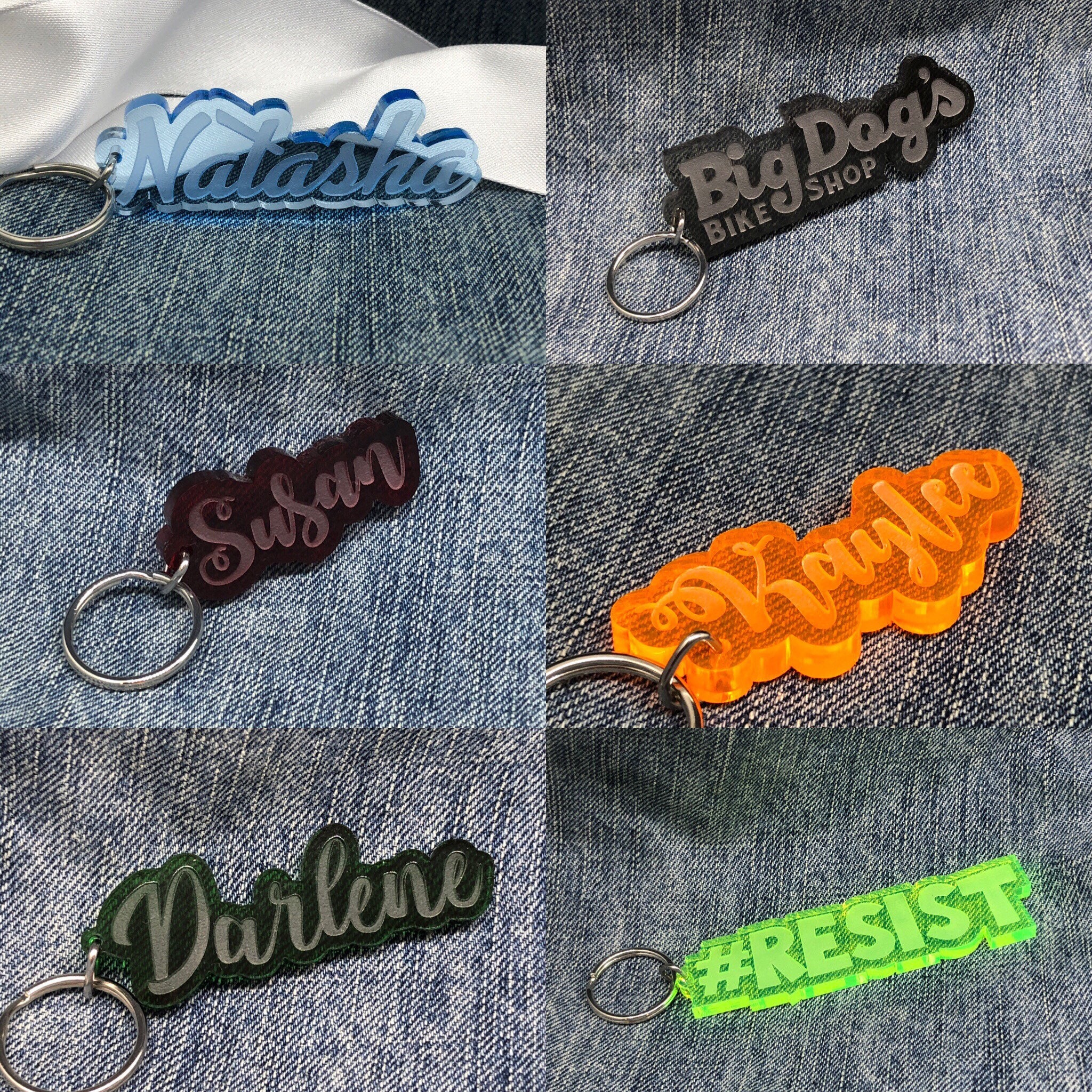custom designed laser cut acrylic keychain zipper pull personalized with your name favorite word or hashtag