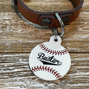 Baseball-themed, Round, pet ID tag.  Dog tag, baseball fan pet tag, K-9, canine, identification tag, heavy duty aluminum pet tag