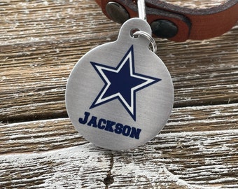 Dallas Cowboy style, round pet ID tag.  Dog tag, football fan pet tag, canine, identification tag, heavy duty aluminum pet tag