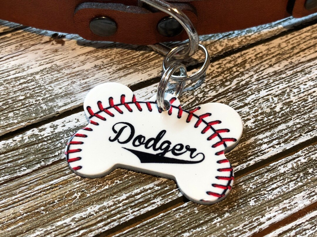 Baseballthemed, Boneshaped Pet ID Tag. Dog Tag, Baseball Fan Pet Tag