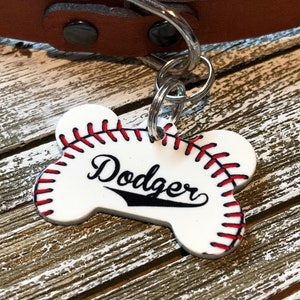 Baseball-themed, bone-shaped pet ID tag.  Dog tag, baseball fan pet tag, bone, canine, identification tag, heavy duty aluminum pet tag