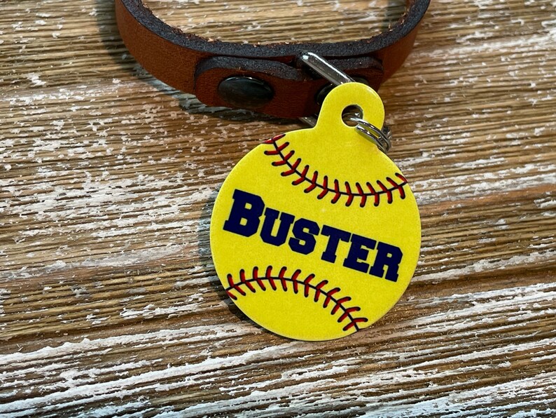 Softballthemed Round pet ID tag. Dog tag softball fan pet Etsy
