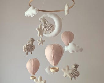 Counting sheep mobile, baby mobile with sheep, sheep mobile, cot mobile with hot air balloons, gender neutral baby mobile, baby shower gift