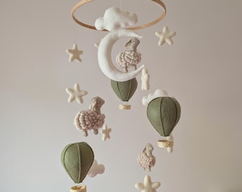 Counting sheep mobile, baby mobile with sheep, sheep mobile, cot mobile with hot air balloons, gender neutral baby mobile, baby shower gift