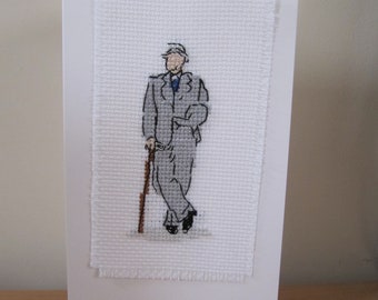 Cross Stitched card Gentleman in grey suit