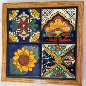 Trivet Handcrafted Oak Wood Frame - 10.5"x10.5" (outside dim) with 4" Mexican Ceramic Tile (hand-painted)