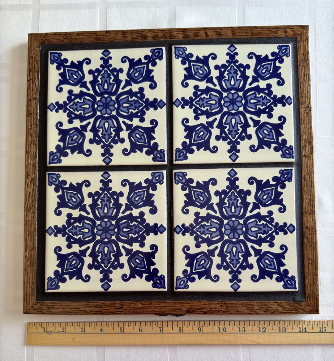 Trivet Handcrafted in Oak Wood Frame. Large 14 1/2 