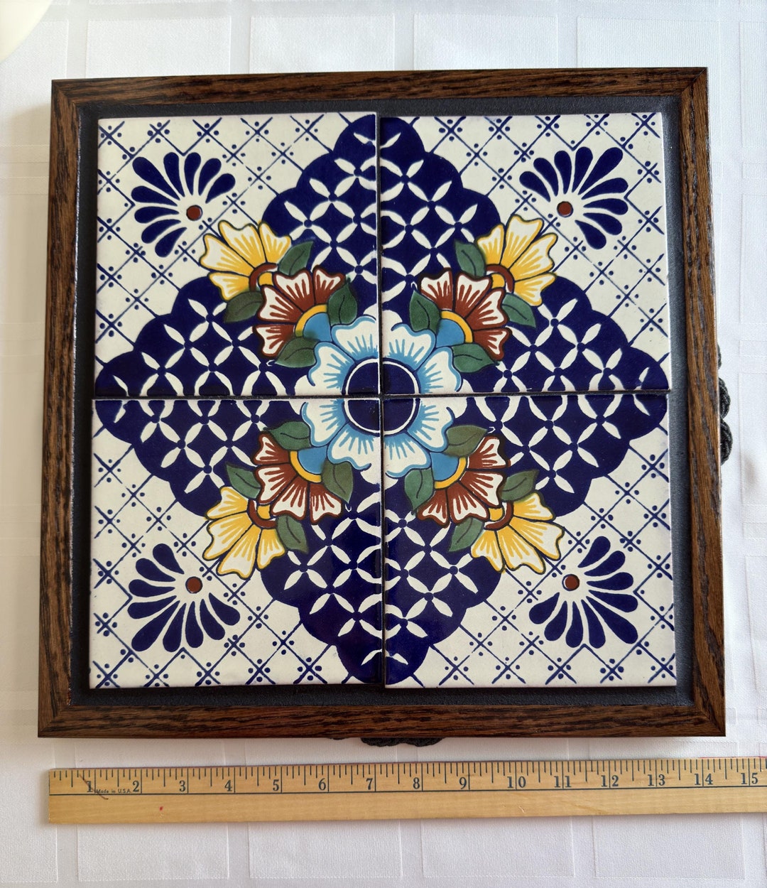 Tin Rivet Frame Trivet Handcrafted in Oak Wood Frame, Large 14