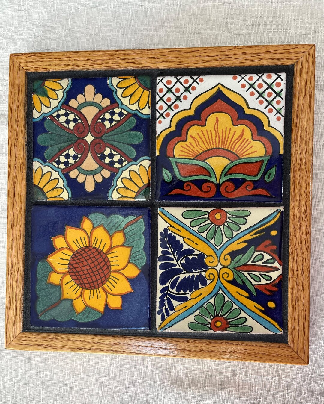 Trivet Handcrafted Oak Wood Frame 10.5x10.5 outside Dim With 4 Mexican