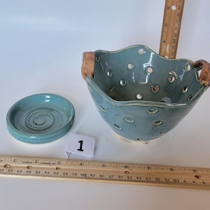 Berry Bowl with Matching Plate – Handmade Ceramic Colander – Rustic Fruit Bowl – Farmhouse Kitchen Decor – Pottery Gift