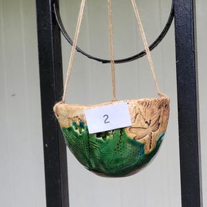 Handmade Ceramic Hanging Planter: Forest Theme, Aqua Green & Gold