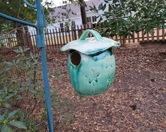Handmade Ceramic Birdhouse: Green Teal Pottery Garden Decor