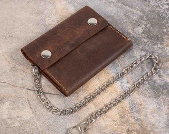 Mens Leather Biker Wallet with safety chain and secured with snap button real 100 percent premium quality leather