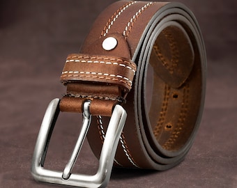 Genuine Mens Leather Belt Double Stitched Classic Belts Casual Jean Buckle Black Brown UK #100% FULL GRAIN