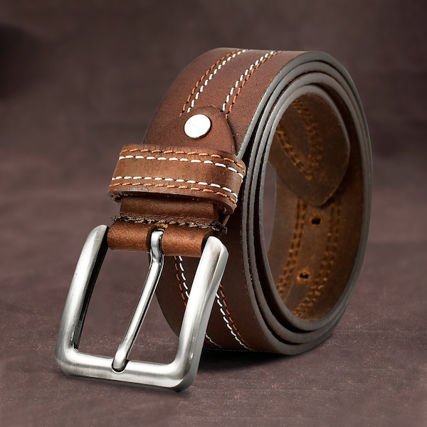 Genuine Mens Leather Belt Double Stitched Classic Belts Casual Jean Buckle Black Brown UK #100% FULL GRAIN