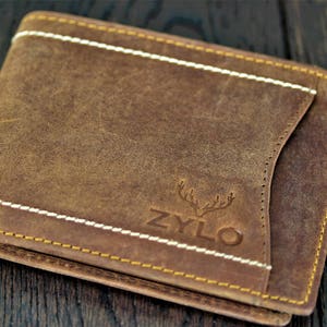 Carteras de cuero para hombres Cartera de cuero 100 por ciento real Tarjetero con caja de regalo Cuero de cazador de primera calidad Hecho a mano Cosido a mano