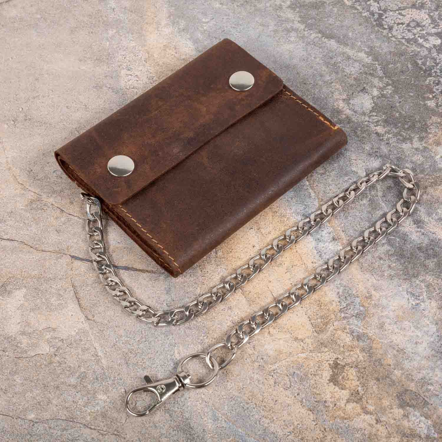  Trifold Chain Wallets for Men w/ Snap Closure - Mens Chain  Wallet w/ ID Slot & Zipper Pocket – 100% Genuine Black Leather Wallet - Men  Trifold Wallet w/ Steel Chain 