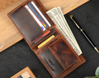Handmade Hunter Leather Bifold Wallet, 6 Card Slots