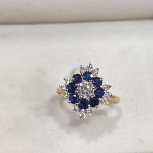1.25 Ct Round Blue Sapphire Diamond Cluster Cocktail Ring 14K Solid Yellow Gold ,blue sapphire and diamond eternity ring