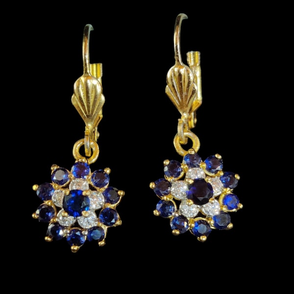 Blue Sapphire Diamond 14K Yellow Gold Plated Cluster Drop/Dangle Earrings,luxury earrings,leverback earrings,blue diamond earrings