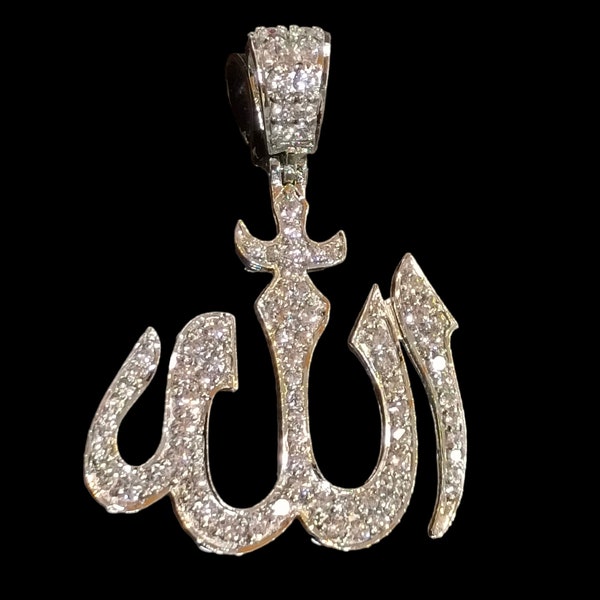 Pendentif Allah diamant rond D VVS1 de 1,00 ct en or blanc massif 14 carats, collier allah, pendentif Allah personnalisé, collier islamique